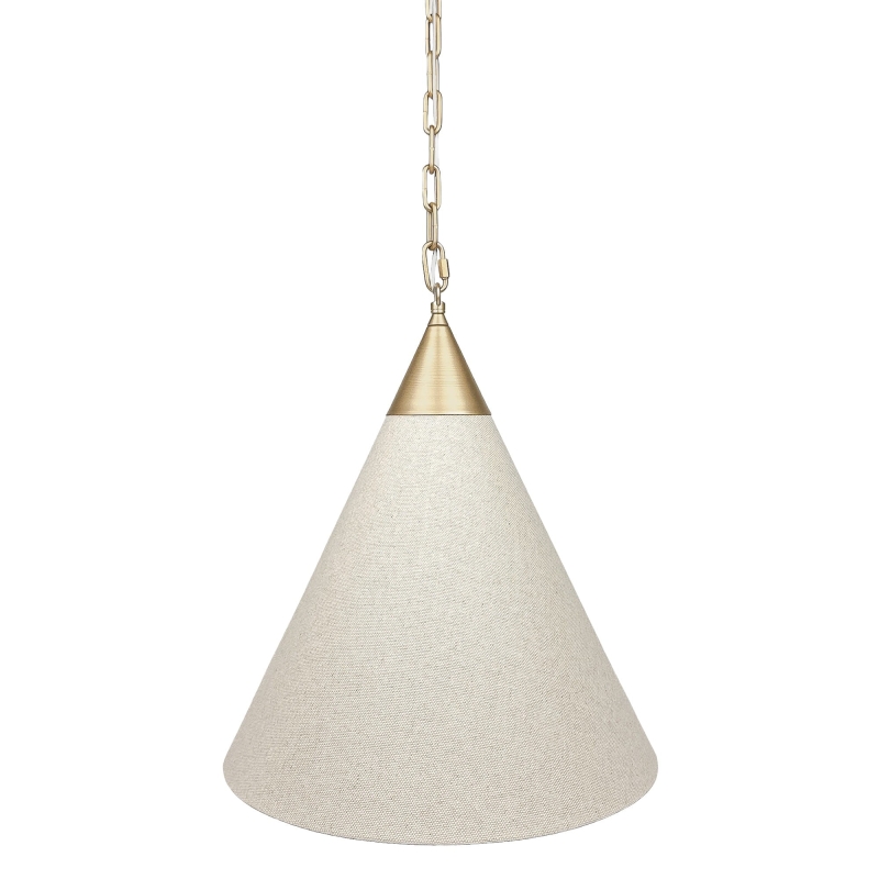 Stożkowa złota lampa wisząca na łańcuchu z lnianym abażurem TIARA GOLD