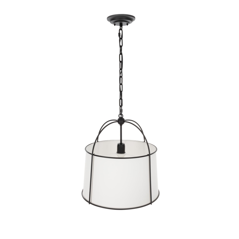 Czarna lampa wisząca z białym, stożkowym abażurem w stylu modern farmhouse OPAL.