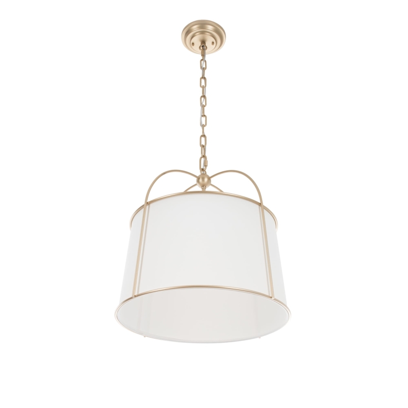 Złota lampa wisząca z białym, stożkowym abażurem w stylu modern farmhouse OPAL.