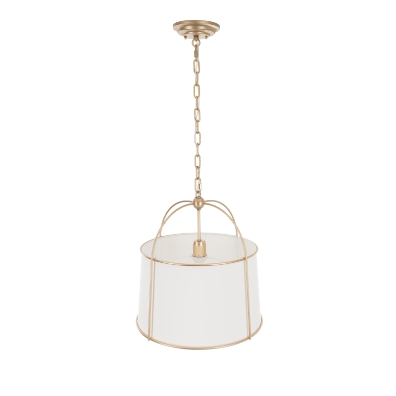 Złota lampa wisząca z białym, stożkowym abażurem w stylu modern farmhouse OPAL.