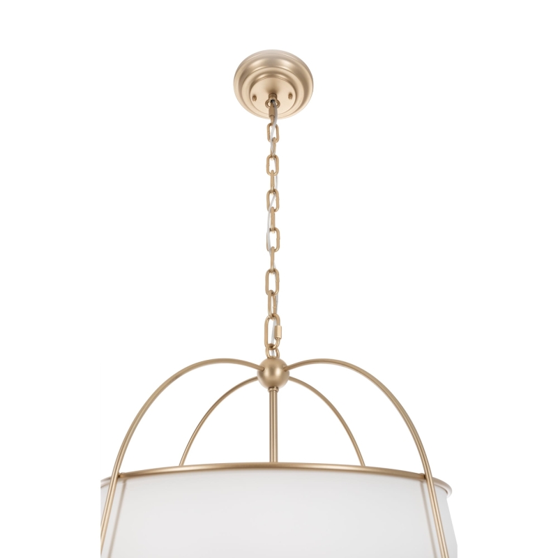 Złota lampa wisząca z białym, stożkowym abażurem w stylu modern farmhouse OPAL - detal.