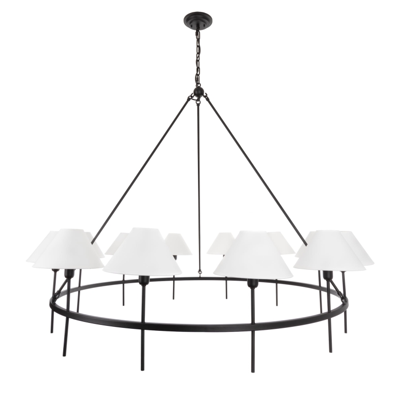 Duży czarny żyrandol okrągły w stylu modern farmhouse z białymi abażurami stożkowymi SUBLIME L.