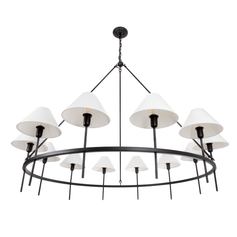 Duży czarny żyrandol okrągły w stylu modern farmhouse z białymi abażurami stożkowymi SUBLIME L.