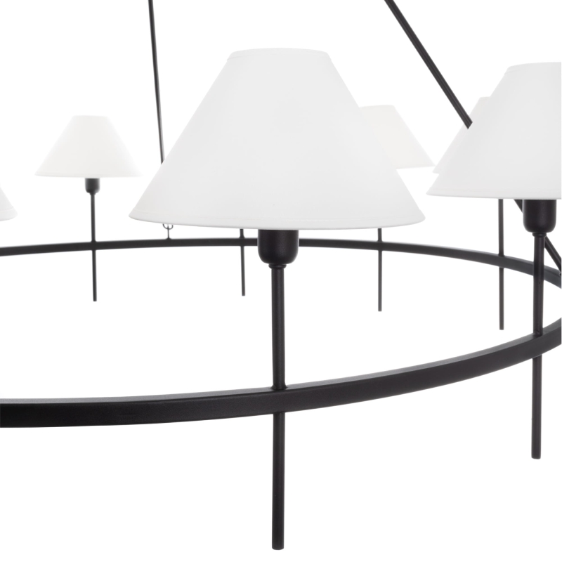 Duży czarny żyrandol okrągły w stylu modern farmhouse z białymi abażurami stożkowymi SUBLIME L - detal.