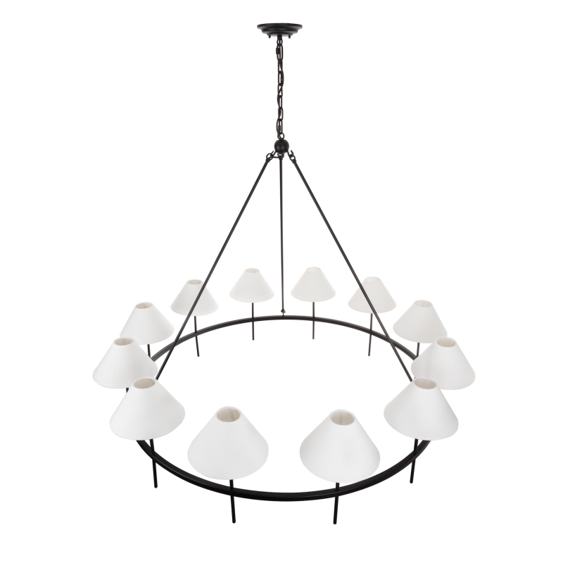 Duży czarny żyrandol okrągły w stylu modern farmhouse z białymi abażurami stożkowymi SUBLIME L.
