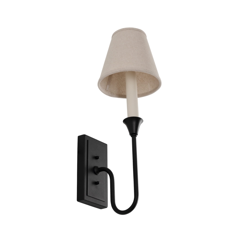 Czarny ozdobny kinkiet w stylu modern farmhouse z oprawką w kształcie świecy z lnianym abażurem BELLA.