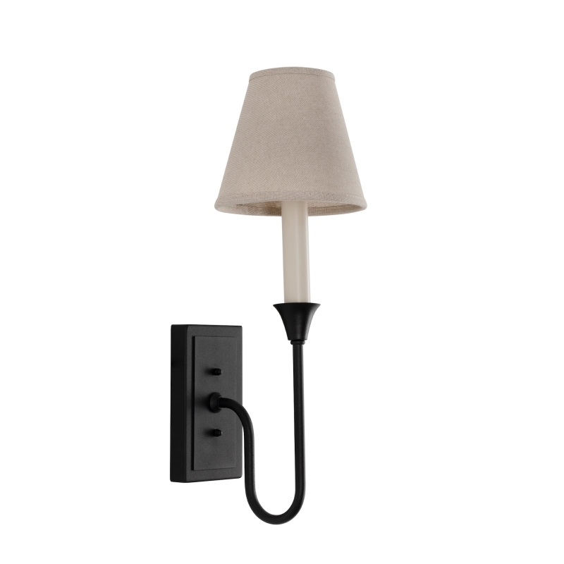 Czarny ozdobny kinkiet w stylu modern farmhouse z oprawką w kształcie świecy z lnianym abażurem BELLA.