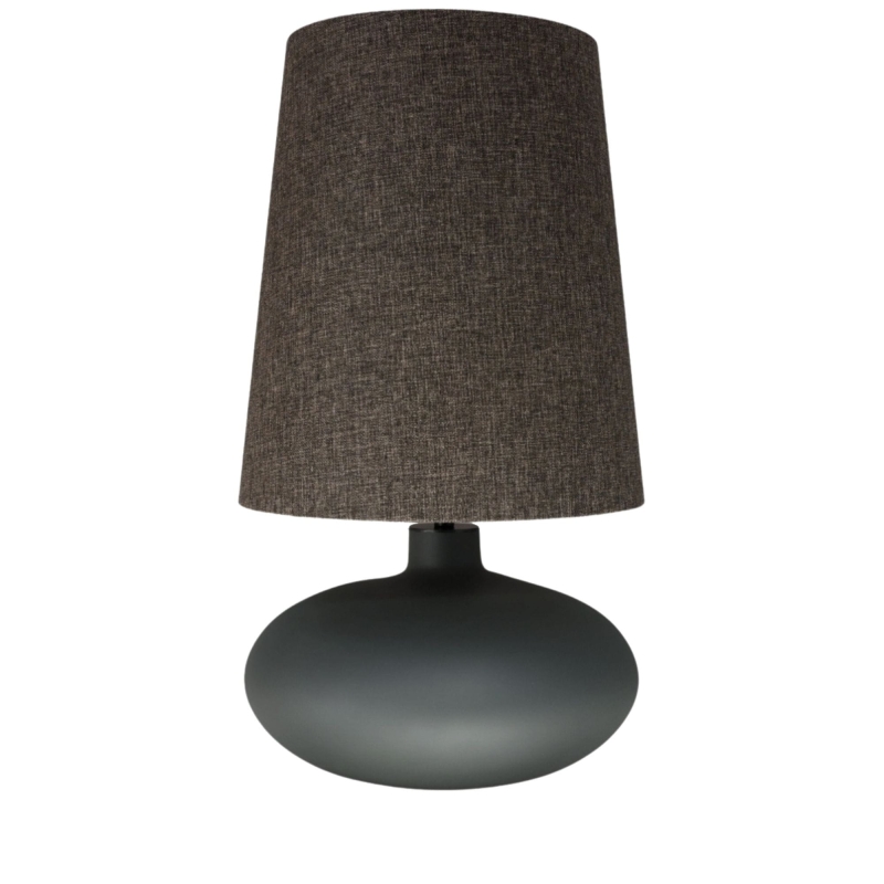 Grafitowa lampa stołowa SAWA CLASSIC z wysokim abażurem stożkowym z brązowej, melanżowej tkaniny.