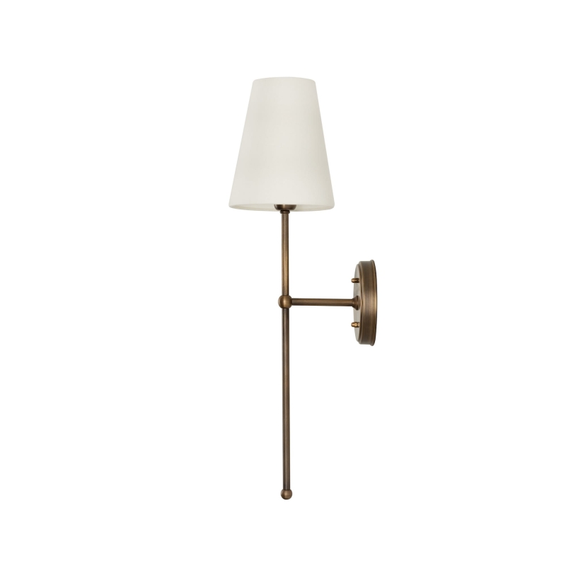 Mosiężny kinkiet postarzany z białym wąskim abażurem BASIC.