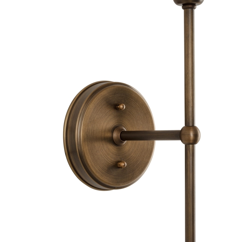 Mosiężny kinkiet postarzany z białym wąskim abażurem BASIC - detal przyściennicy.