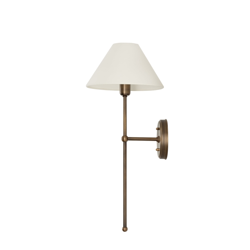 Mosiężny kinkiet postarzany z szerokim białym abażurem stożkowym BASIC.