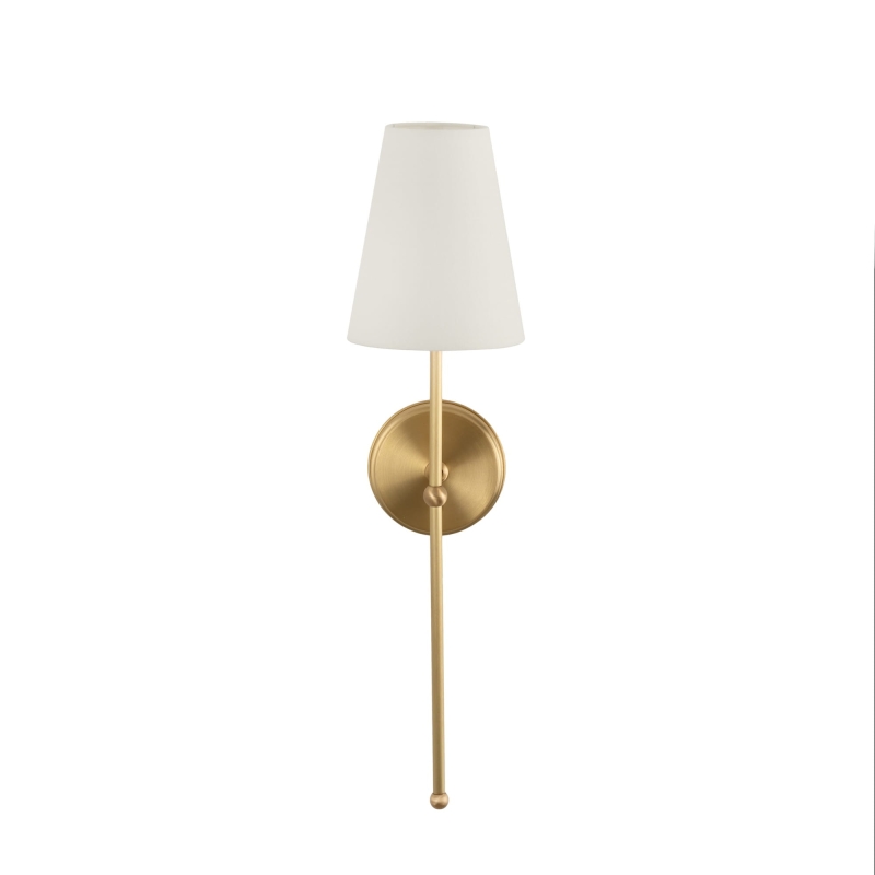 Mosiężny kinkiet szczotkowany z wąskim białym abażurem stożkowym BASIC.