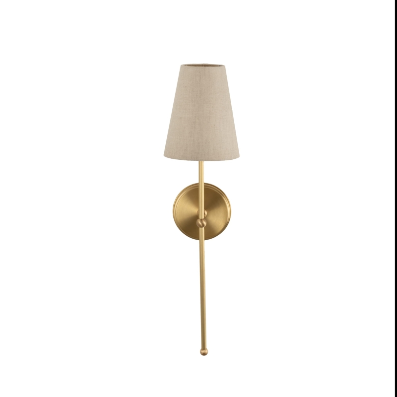 Mosiężny szczotkowany kinkiet z wąskim lnianym abażurem BASIC.