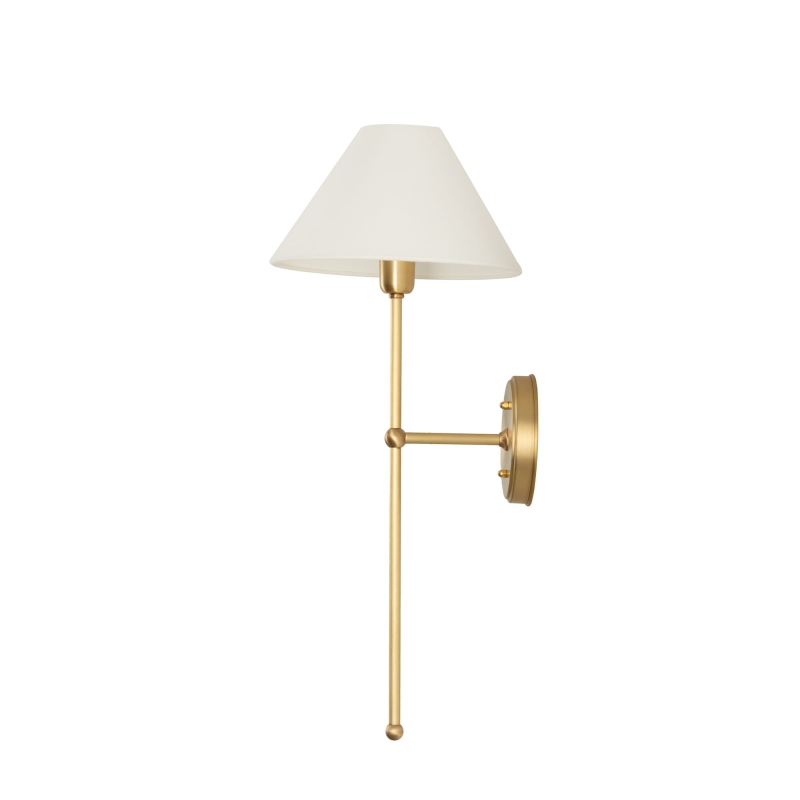 Mosiężny szczotkowany kinkiet z szerokim białym abażurem BASIC.