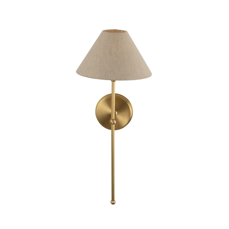 Mosiężny szczotkowany kinkiet z szerokim lnianym abażurem BASIC.