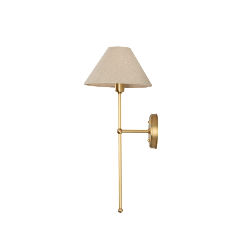 Mosiężny szczotkowany kinkiet z szerokim lnianym abażurem BASIC.