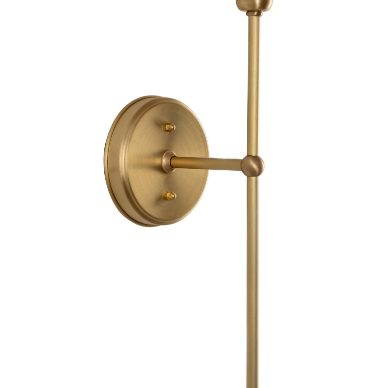 Mosiężny szczotkowany kinkiet z szerokim lnianym abażurem BASIC - detal przyściennicy.