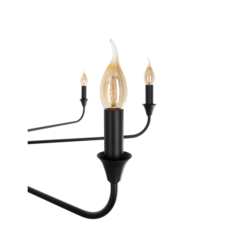 Duży czarny żyrandol z widocznymi żarówkami CHIC L - detal ozdobnej oprawki w kształcie świecznika.