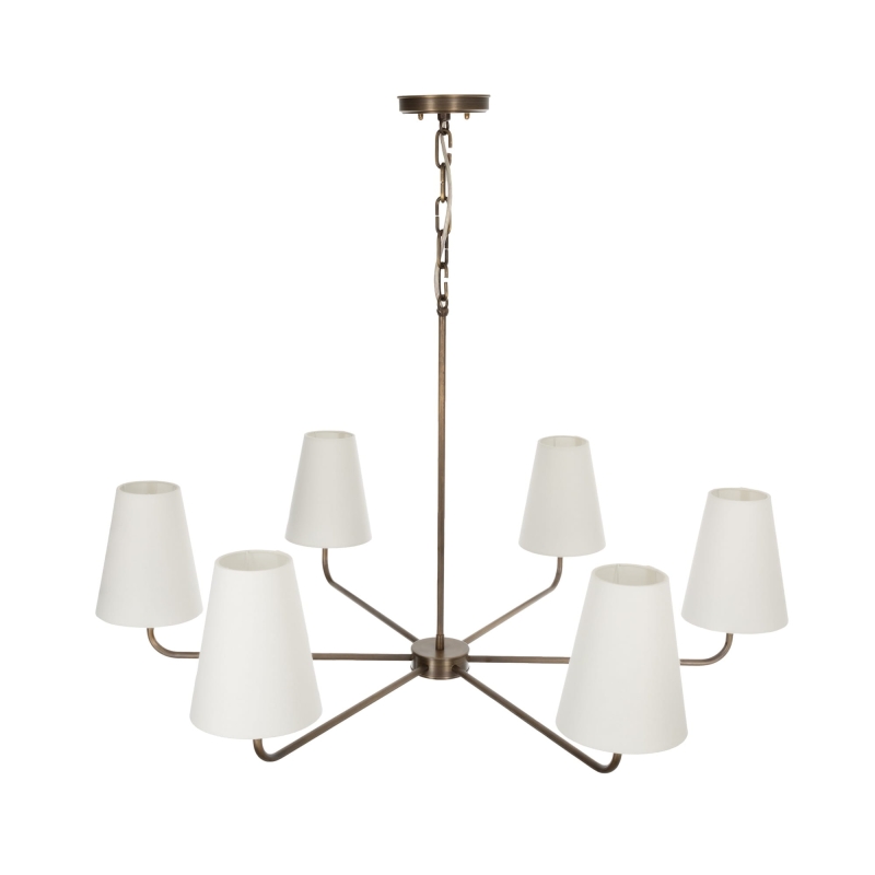 Mosiężny postarzany żyrandol z białymi abażurami CLASSY PLUS.