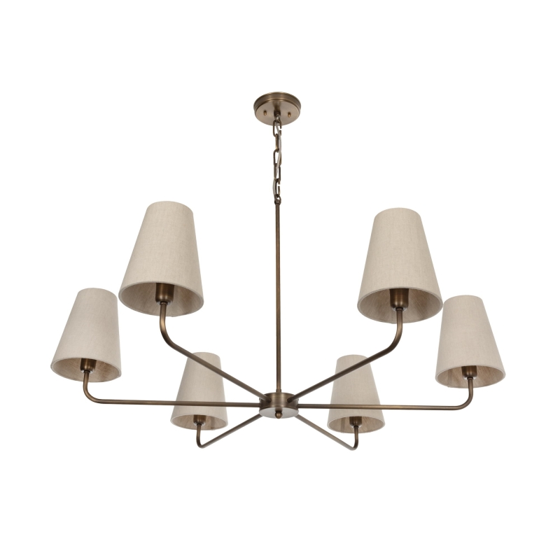 Mosiężny postarzany żyrandol z lnianymi abażurami CLASSY PLUS.