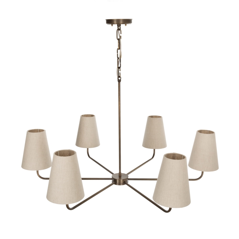 Mosiężny postarzany żyrandol z lnianymi abażurami CLASSY PLUS.
