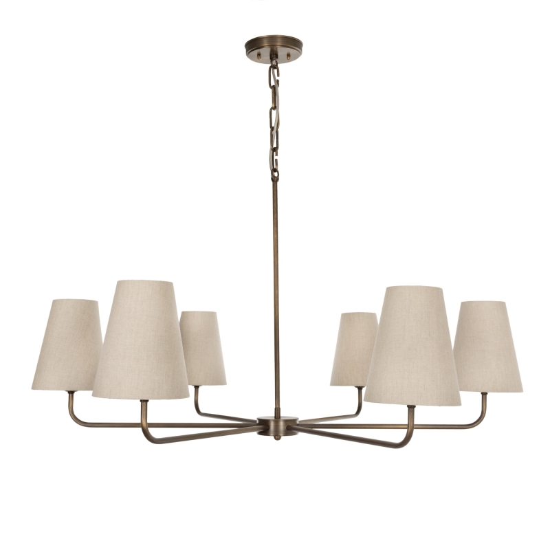 Mosiężny postarzany żyrandol z lnianymi abażurami CLASSY PLUS.