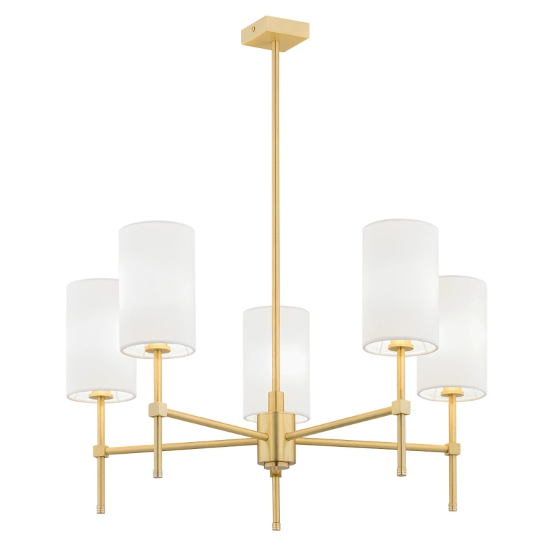 Mosiężny żyrandol z 5 białymi abażurami ABRUZZO.