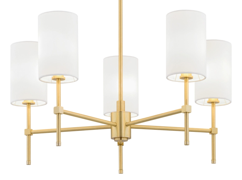 Mosiężny żyrandol z 5 białymi abażurami ABRUZZO.