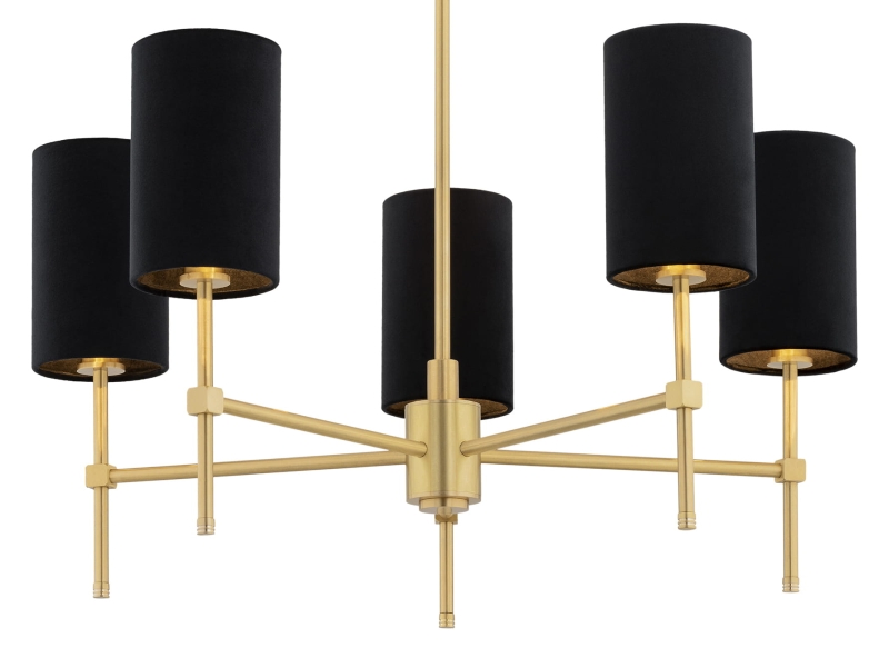 Mosiężny żyrandol z 5 czarnymi abażurami welurowymi w kształcie walca ABRUZZO 5.