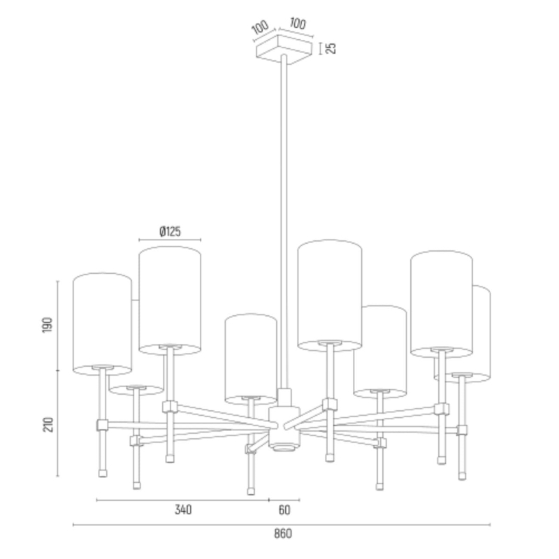 Mosiężny żyrandol z 8 czarnymi abażurami welurowymi w kształcie walca ABRUZZO - wymiary.