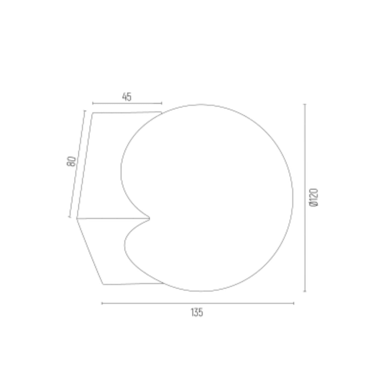 Czarny plafon/kinkiet z mlecznym szklanym kloszem w kształcie kuli AUSTIN - rysunek techniczny.