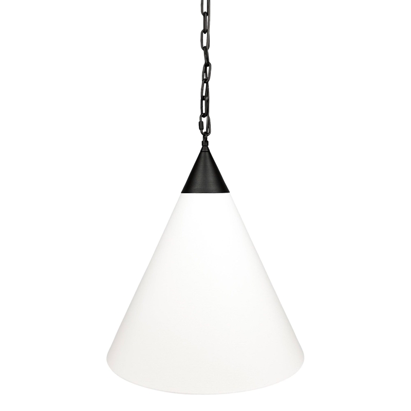 Czarna lampa wisząca z łańcuchem z białym stożkowym abażurem w odcieniu złamanej bieli TIARA BLACK.