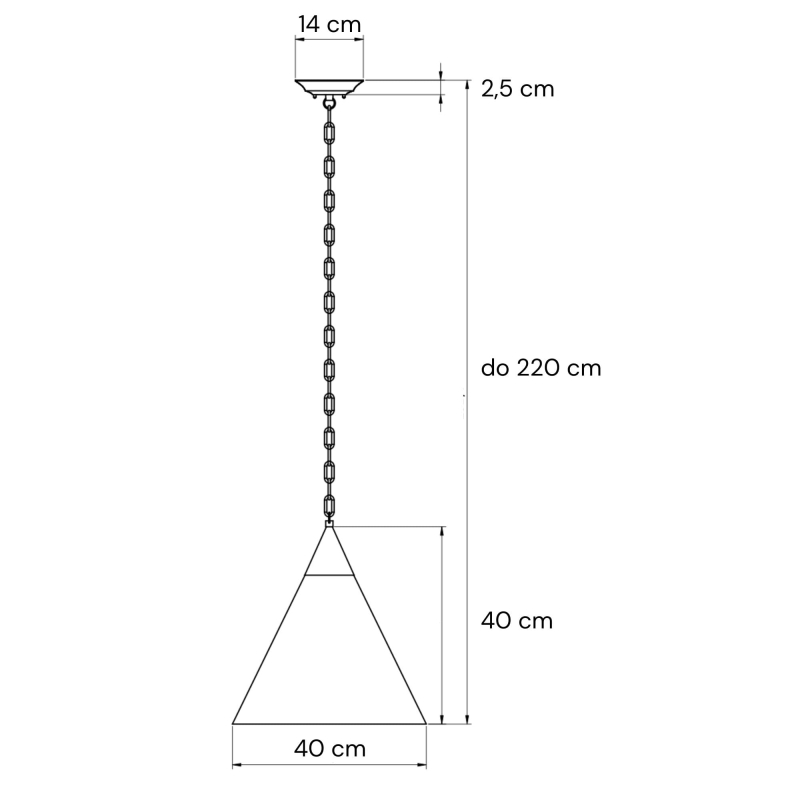 Czarna lampa wisząca z łańcuchem z białym stożkowym abażurem w odcieniu złamanej bieli TIARA BLACK - rysunek techniczny.