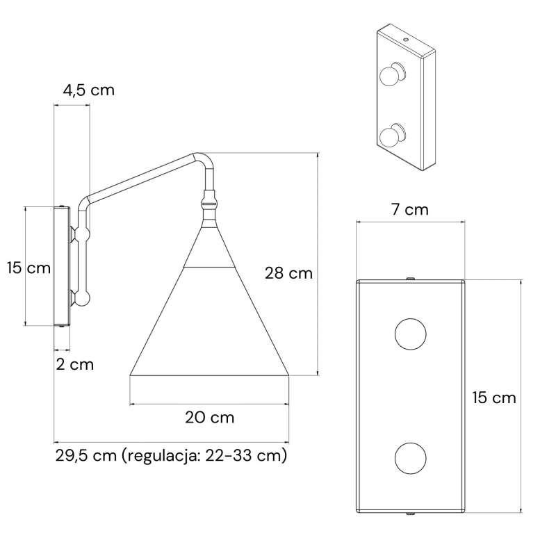 Regulowany czarny kinkiet z abażurem w odcieniu złamanej bieli TIARA BLACK biały - rysunek techniczny.