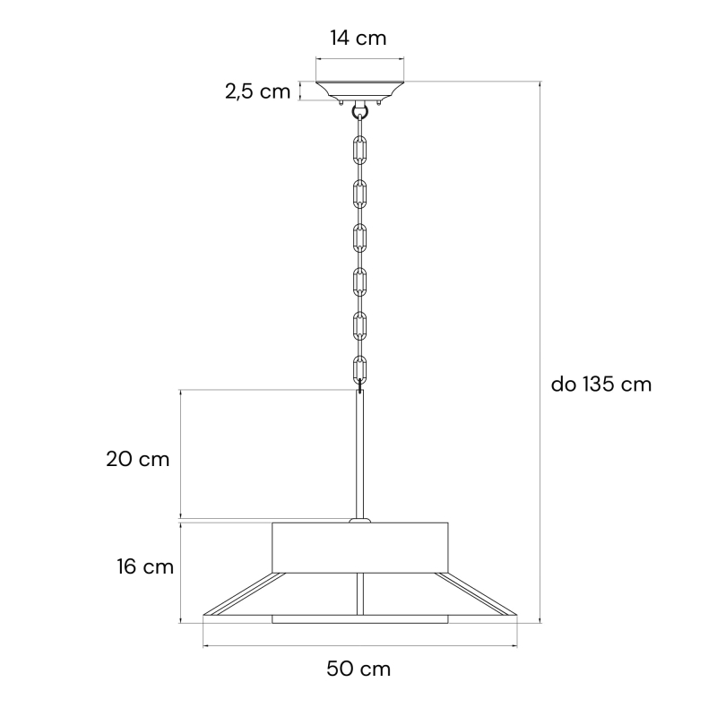Biało-czarna lampa wisząca na łańcuchu ONVI I - rysunek techniczny