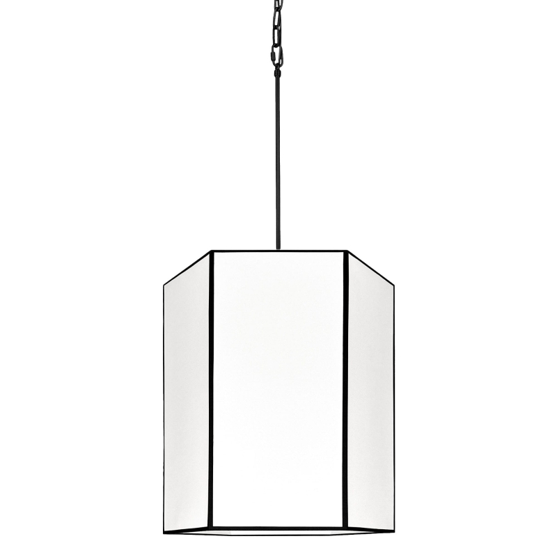 Długa biało-czarna sześciokątna lampa wisząca na łańcuchu GABIA III.