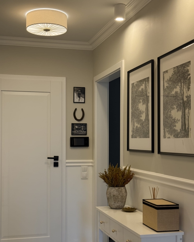 Elegancka lampa sufitowa w kolorze złamanej bieli w korytarzu PLISE SILVER II - zapalone światło.