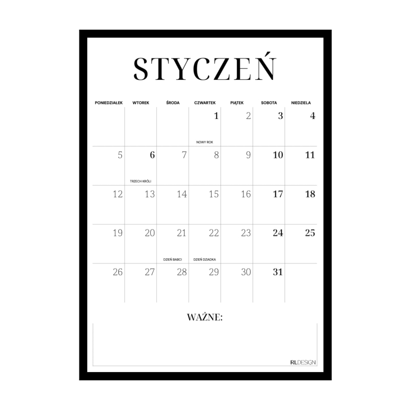 Minimalistyczny kalendarz 2026 do druku MINIMA