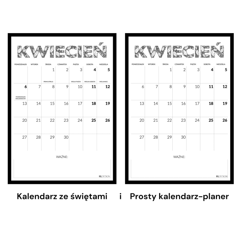 Roślinny kalendarz 2026 do druku - kalendarz ze świętami i prosty planer