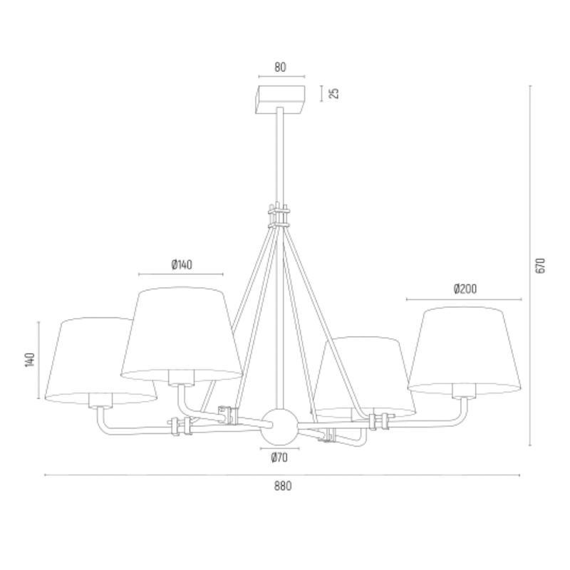 Klasyczny żyrandol w kolorze starego złota ze śmietankowymi, plisowanymi abażurami ATRANI - wymiary.
