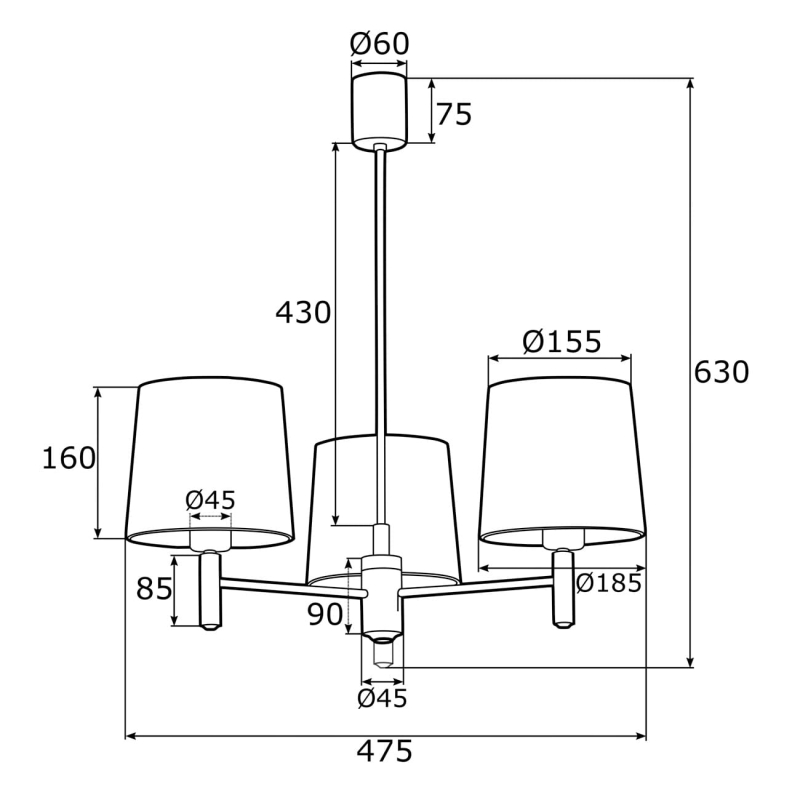 Srebrny żyrandol z abażurami w odcieniu złamanej bieli BOLZANO - wymiary.