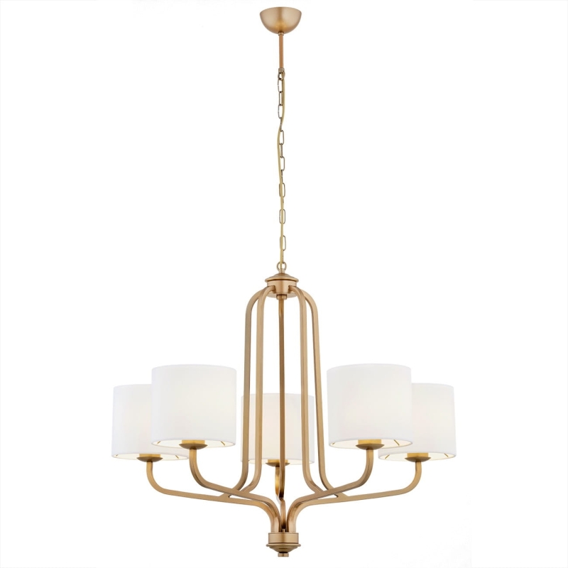 Ozdobny żyrandol w kolorze starego złota z białymi abażurami MARANELLO.