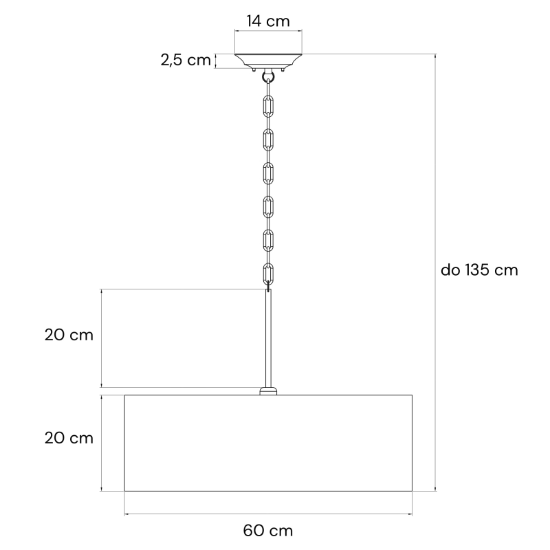 Złota lampa wisząca z okrągłym, białym abażurem z blendą rozpraszającą światło - wymiary.