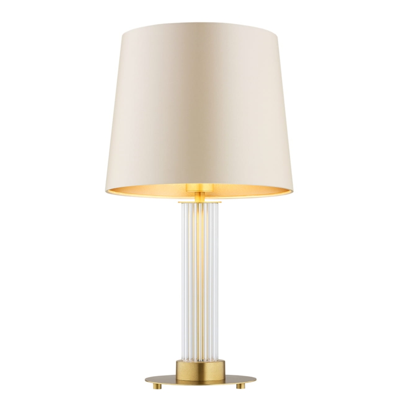 Elegancka lampa stołowa z ryflowanego szkła z mosiężną podstawą z beżowo-złotym abażurem HAMPTON