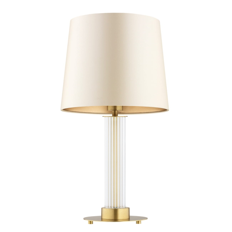 Elegancka lampa stołowa z ryflowanego szkła z mosiężną podstawą z beżowo-złotym abażurem HAMPTON