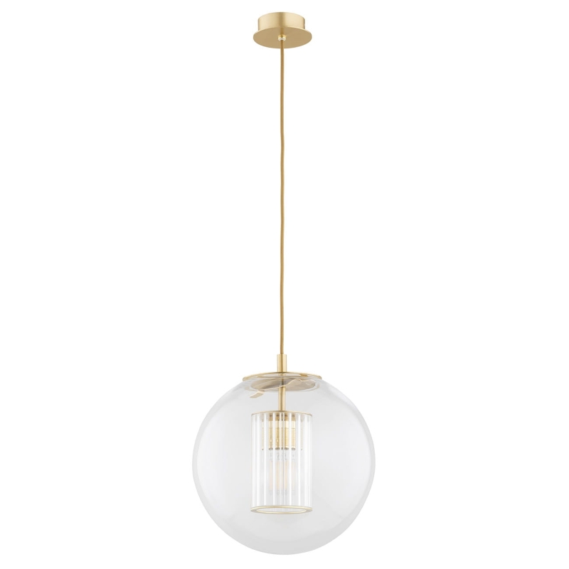 Mosiężna lampa wisząca tuba ze szklanym kloszem kulą z ryflowanym szkłem HAMPTON.