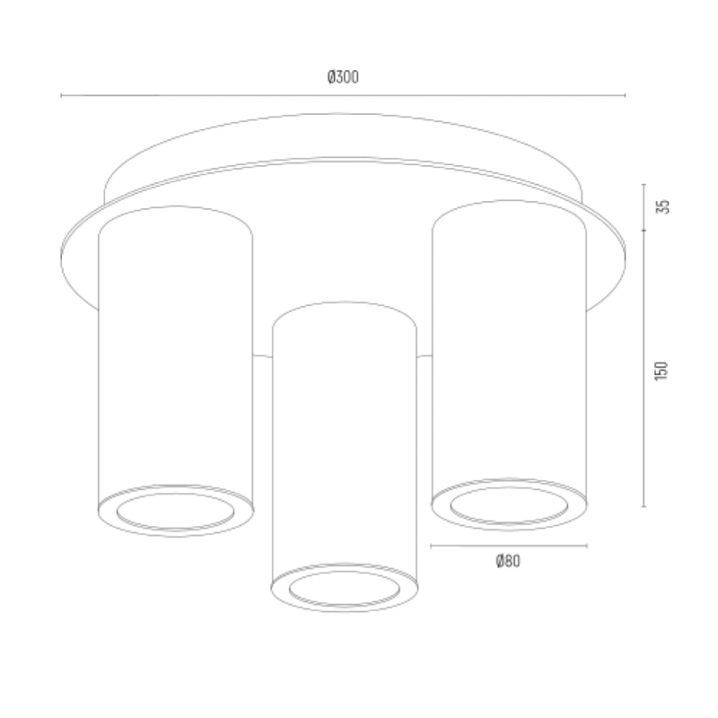 Mosiężny potrójny plafon z kloszami z ryflowanego szkła HAMPTON - wymiary.
