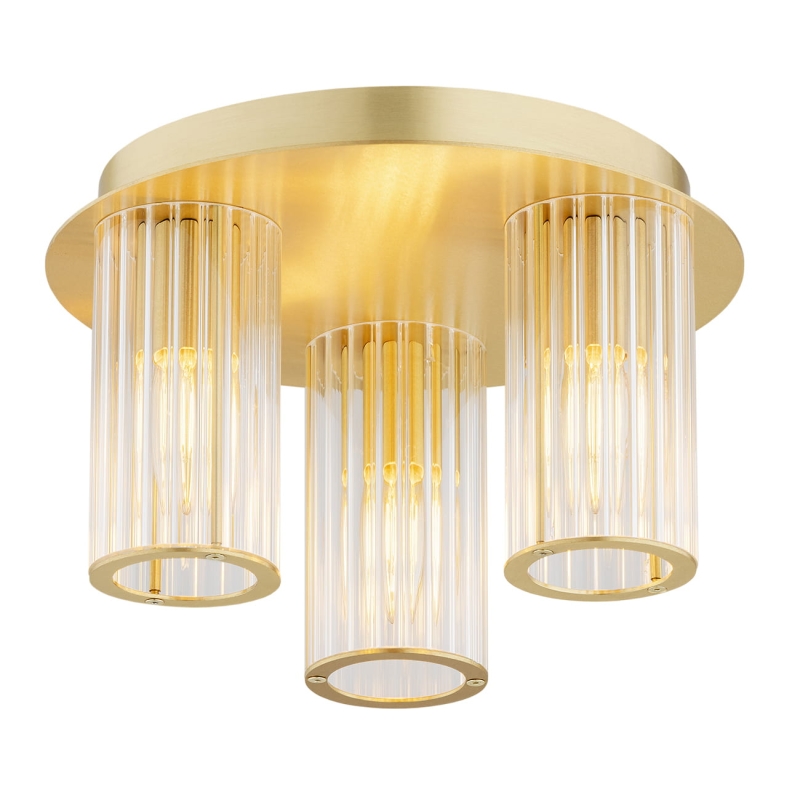 Mosiężna potrójna lampa sufitowa z kloszami z ryflowanego szkła HAMPTON.