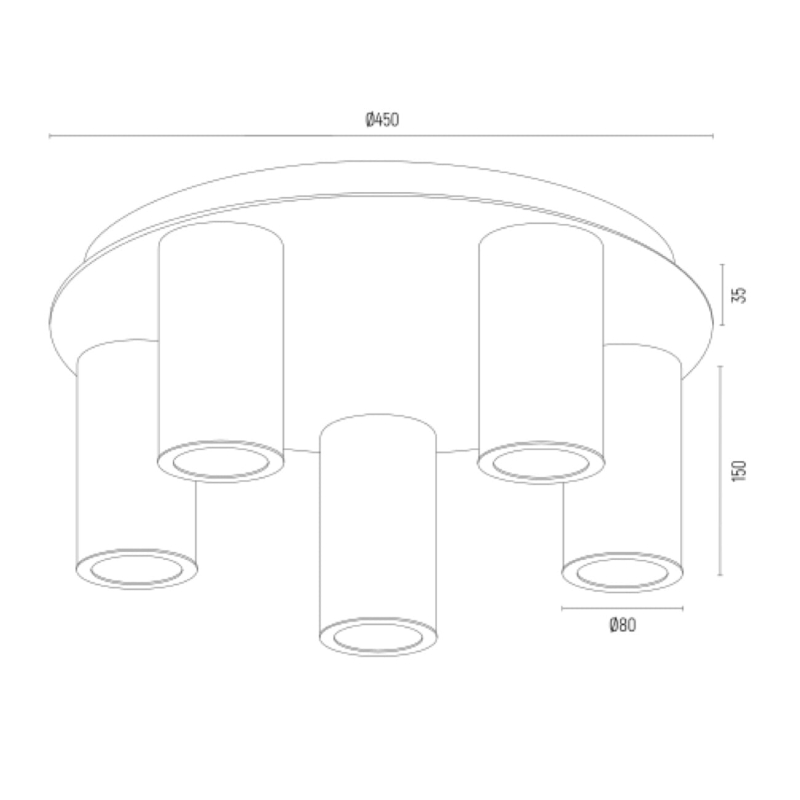 Mosiężny plafon z pięcioma kloszami z ryflowanego szkła HAMPTON - rysunek.