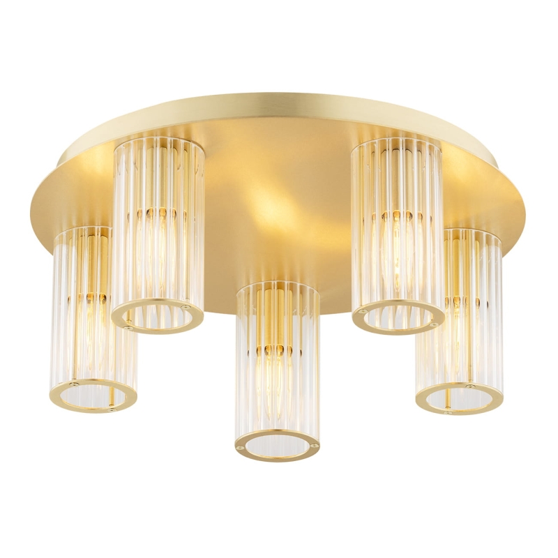 Mosiężny plafon z pięcioma kloszami z ryflowanego szkła HAMPTON.